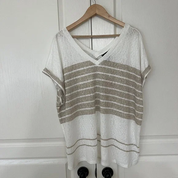 Bobeau Ivory and Light Taupe Striped Short Sleeve Tee - Size XXL - Picture 2 of 6